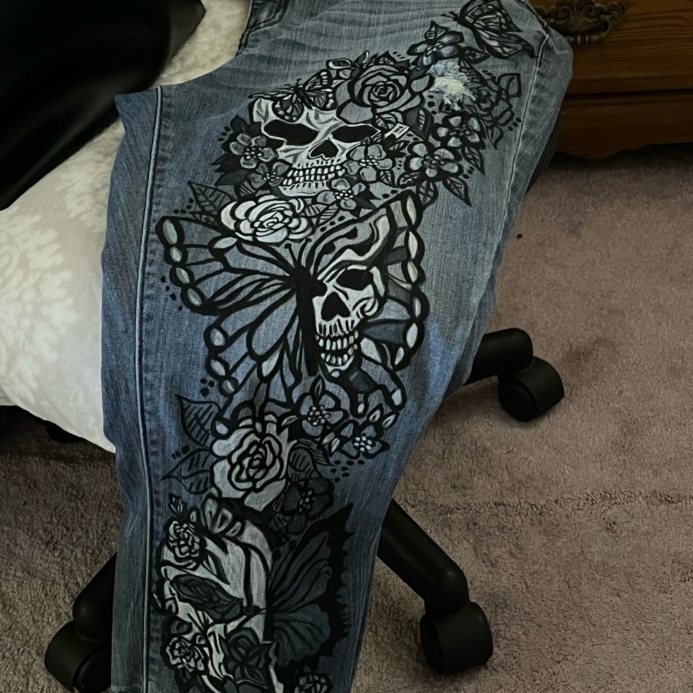 Women's Blue Skull and Floral Jeans Hand Painted by Me!!